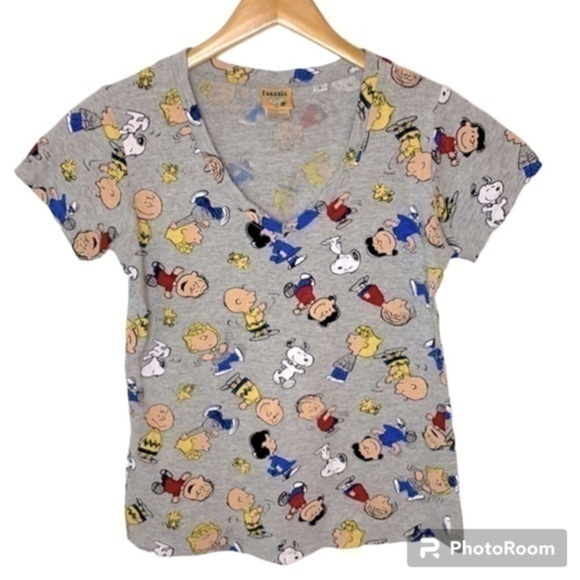 PEANUTS | WOMEN’S GRAY PEANUTS CHARACTERS V-NECK SHIRT SIZE SMALL - Picture 1 of 6